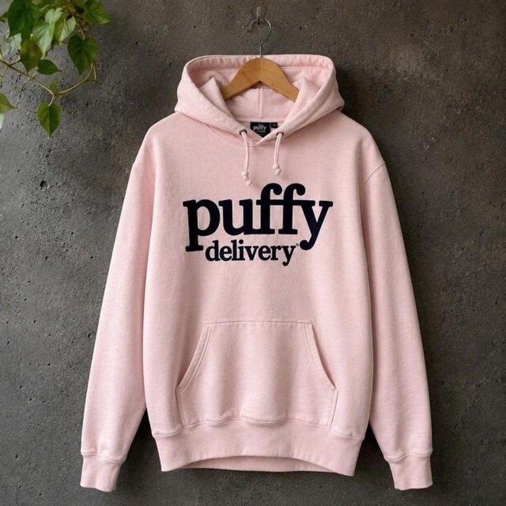 Puffy Delivery Pink Hoodie Womens XS Graphic Pullover Streetwear Sweatshirt